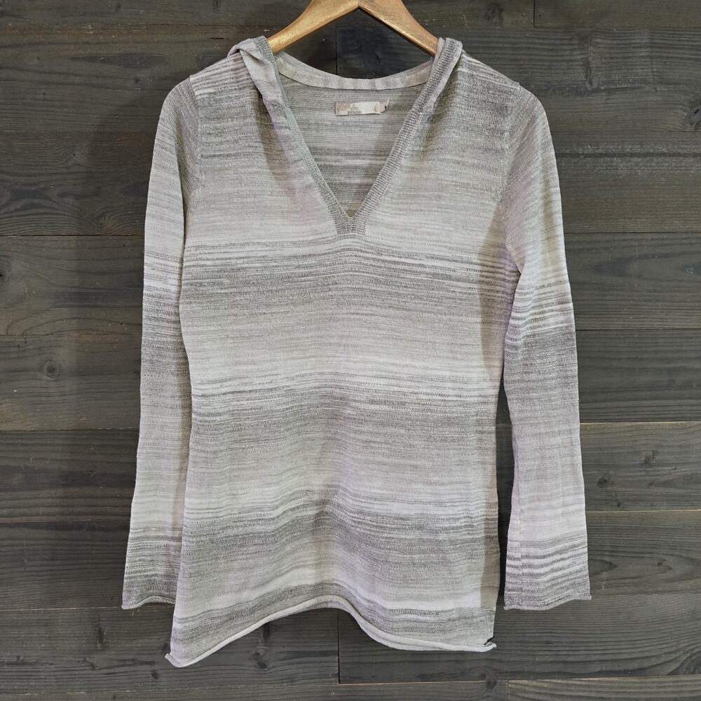 prAna Gemma Hooded Sweater Women's L Gray Striped V Neck Lightweight Knit